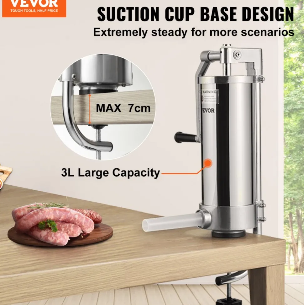 VEVOR Sausage Stuffer, 5LBS/3L Capacity, 304 Stainless Steel Vertical Sausage Stuffer, Sausage Filling Machine with 3 Stuffing Tubes, Suction Base and Manual Crank for Household or Commercial Use