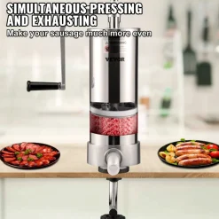 VEVOR Sausage Stuffer, 5LBS/3L Capacity, 304 Stainless Steel Vertical Sausage Stuffer, Sausage Filling Machine with 3 Stuffing Tubes, Suction Base and Manual Crank for Household or Commercial Use