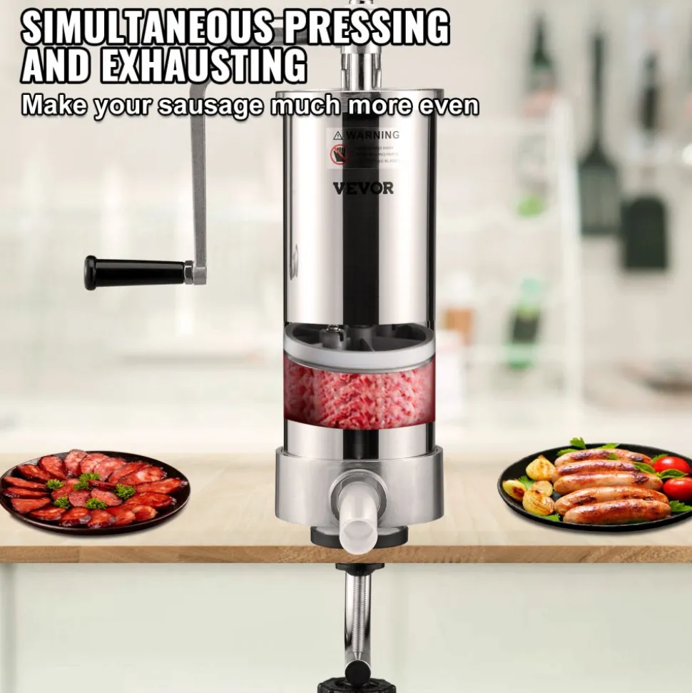 VEVOR Sausage Stuffer, 5LBS/3L Capacity, 304 Stainless Steel Vertical Sausage Stuffer, Sausage Filling Machine with 3 Stuffing Tubes, Suction Base and Manual Crank for Household or Commercial Use