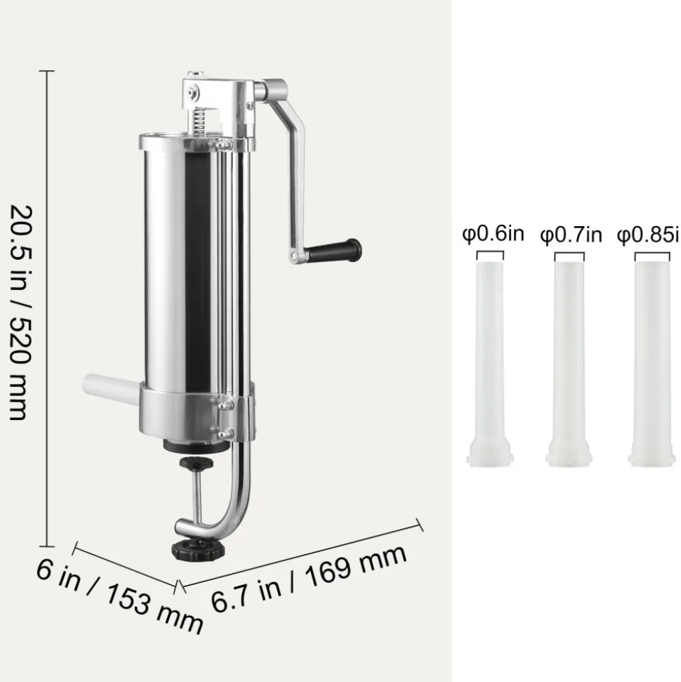 VEVOR Sausage Stuffer, 5LBS/3L Capacity, 304 Stainless Steel Vertical Sausage Stuffer, Sausage Filling Machine with 3 Stuffing Tubes, Suction Base and Manual Crank for Household or Commercial Use