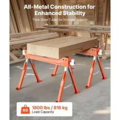 VEVOR Saw Horses, 2 Pack Folding Work Horses, 1800 lbs Load Capacity Sawhorse with Heavy Duty Legs, Adjustable Height Saw Horse with Non-Slip Foot Pads, for Woodworking, Carpenters & Contractors