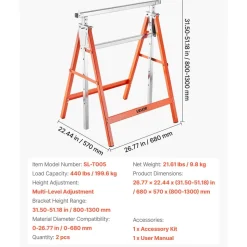 VEVOR Saw Horses, 2 Pack Folding Work Horses, 440 lbs Load Capacity Sawhorse with Heavy Duty Legs, Adjustable Height Saw Horse with Non-Slip Foot Pads, for Woodworking, Carpenters & Contractors