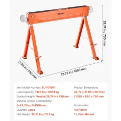 VEVOR Saw Horses, 2 Pack Folding Work Horses, 1323 lbs Load Capacity Sawhorse with Heavy Duty Legs, All-Metal Portable Saw Horse with Non-Slip Foot Pads, for Woodworking, Carpenters & Contractors