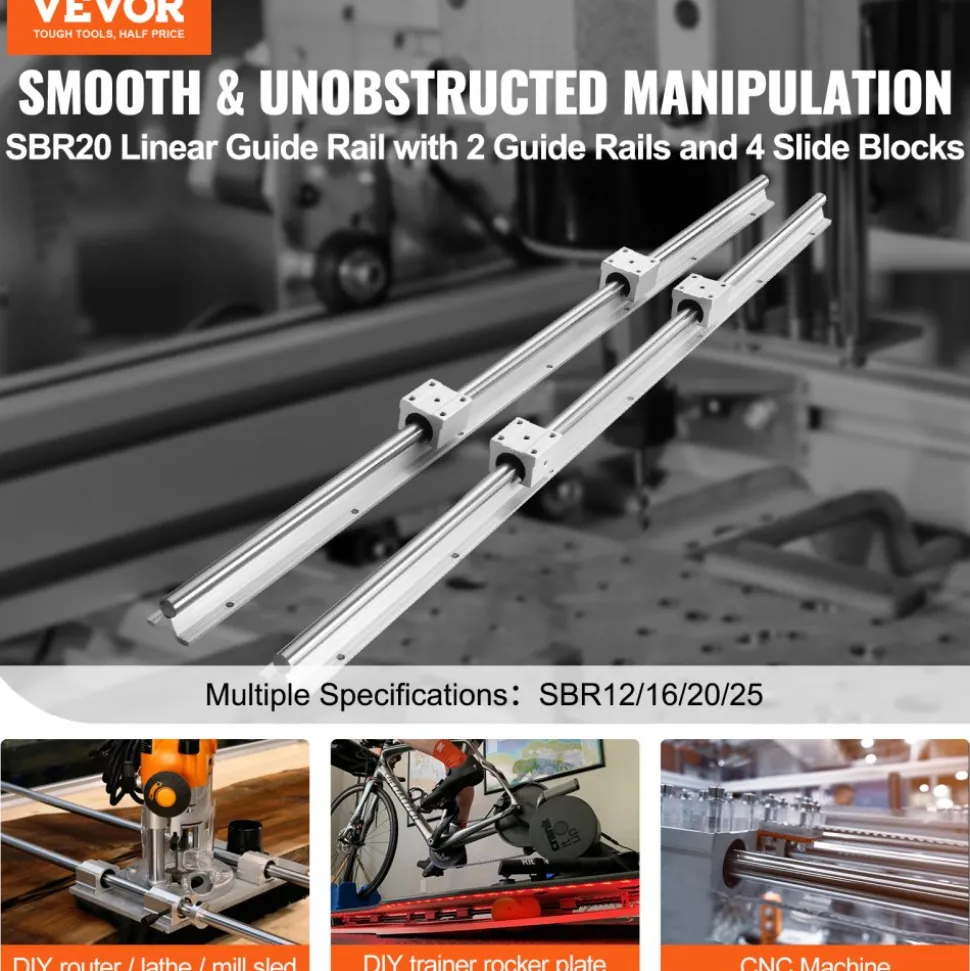 VEVOR SBR20 1200mm Linear Guide Set, Comes with Two 47.2-inch SBR20 Rails and Four SBR20UU Bearings, Perfect for Crafting CNC Routers and Automation Equipment