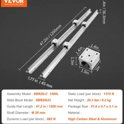 VEVOR SBR20 1200mm Linear Guide Set, Comes with Two 47.2-inch SBR20 Rails and Four SBR20UU Bearings, Perfect for Crafting CNC Routers and Automation Equipment