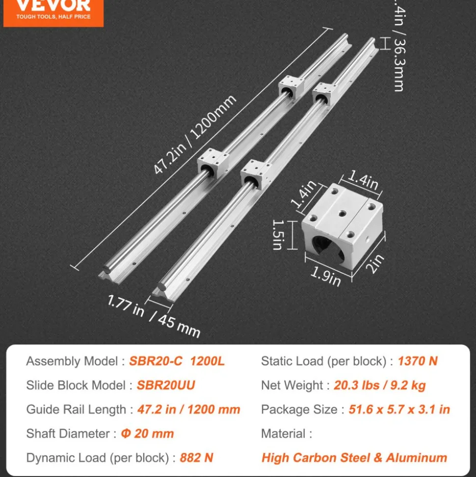 VEVOR SBR20 1200mm Linear Guide Set, Comes with Two 47.2-inch SBR20 Rails and Four SBR20UU Bearings, Perfect for Crafting CNC Routers and Automation Equipment