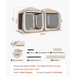 VEVOR Screen House Tent, 12 x 6 ft, 2 in 1 Pop Up Screen Tent, Portable Screened in Canopy with Carry Bag, Netting Sides, Ground Stakes, for Garden, Patio, Backyard, and Outdoor Activities, Beige