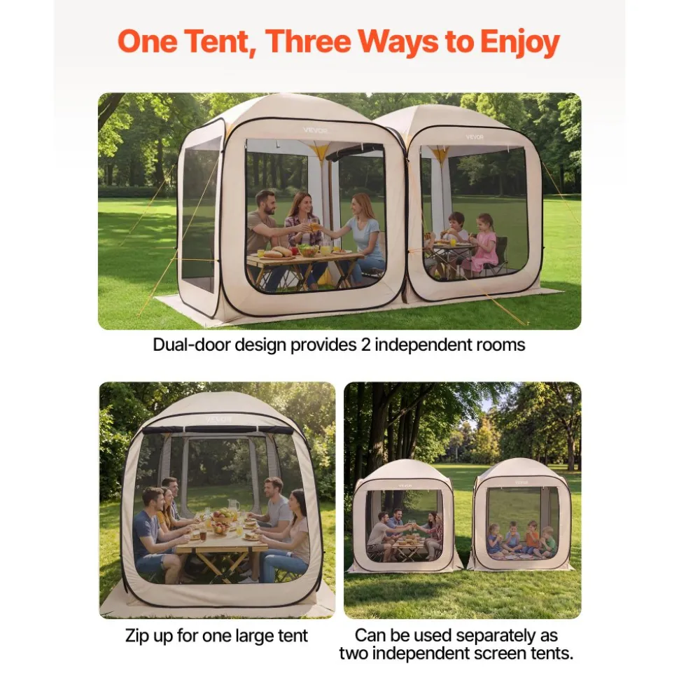 VEVOR Screen House Tent, 12 x 6 ft, 2 in 1 Pop Up Screen Tent, Portable Screened in Canopy with Carry Bag, Netting Sides, Ground Stakes, for Garden, Patio, Backyard, and Outdoor Activities, Beige