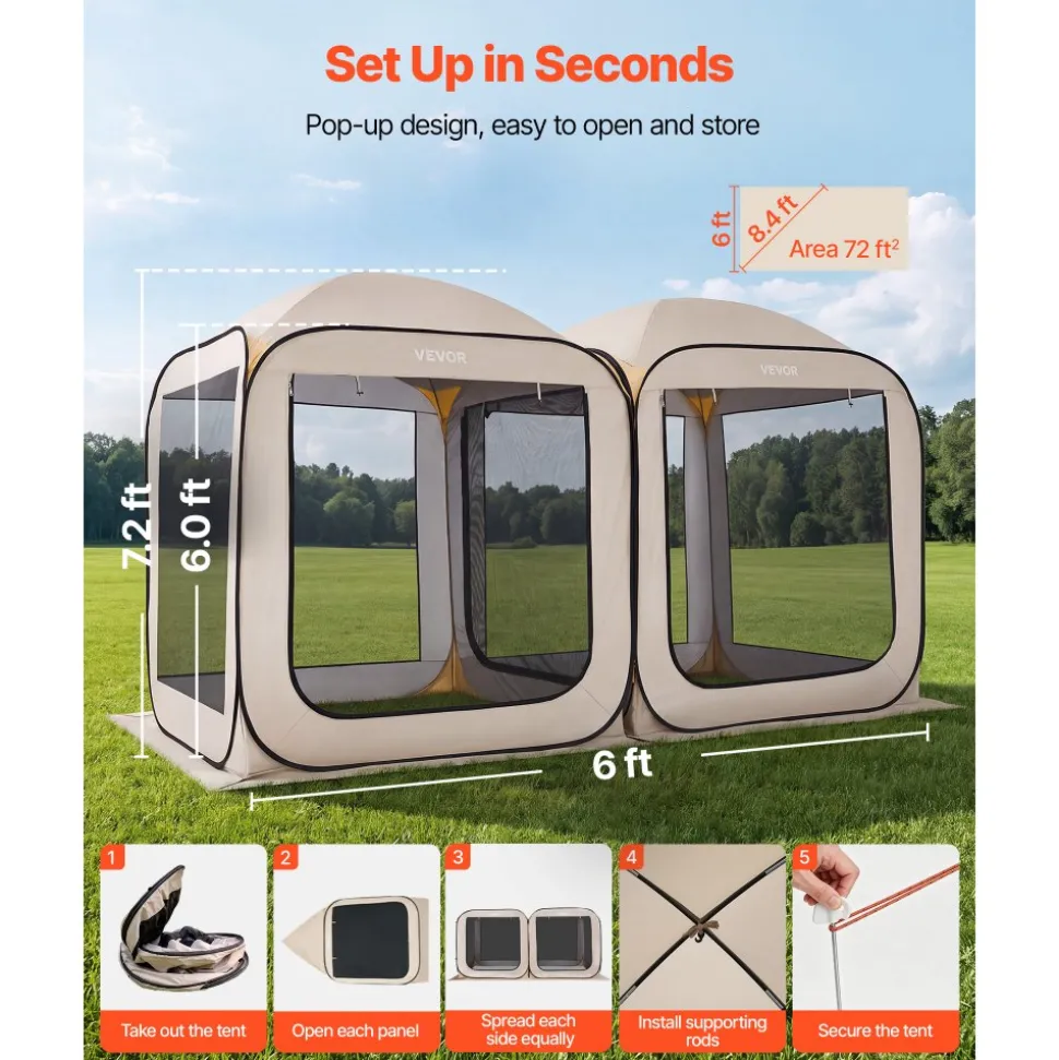 VEVOR Screen House Tent, 12 x 6 ft, 2 in 1 Pop Up Screen Tent, Portable Screened in Canopy with Carry Bag, Netting Sides, Ground Stakes, for Garden, Patio, Backyard, and Outdoor Activities, Beige