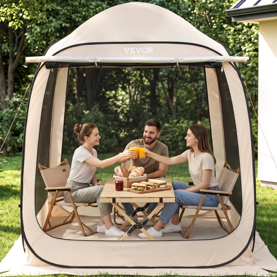 VEVOR Screen House Tent, 6 x 6 ft, 4-6 Person Pop Up Screen Tent with Extended Awning, Portable Screened in Canopy with Carry Bag, Netting Sides, for Patio, Backyard, and Outdoor Activities, Beige