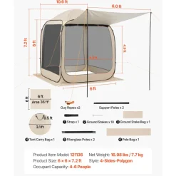 VEVOR Screen House Tent, 6 x 6 ft, 4-6 Person Pop Up Screen Tent with Extended Awning, Portable Screened in Canopy with Carry Bag, Netting Sides, for Patio, Backyard, and Outdoor Activities, Beige