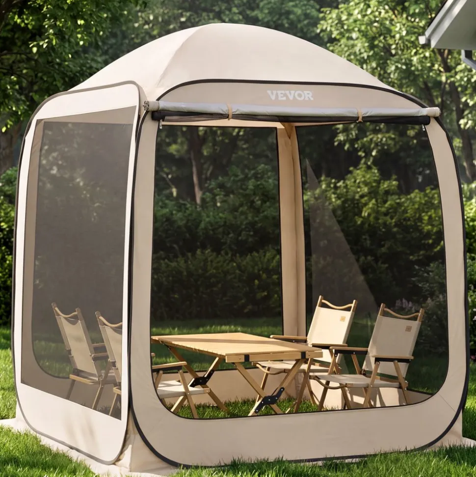 VEVOR Screen House Tent, 6 x 6 ft, 4-6 Person Pop Up Screen Tent with Extended Awning, Portable Screened in Canopy with Carry Bag, Netting Sides, for Patio, Backyard, and Outdoor Activities, Beige