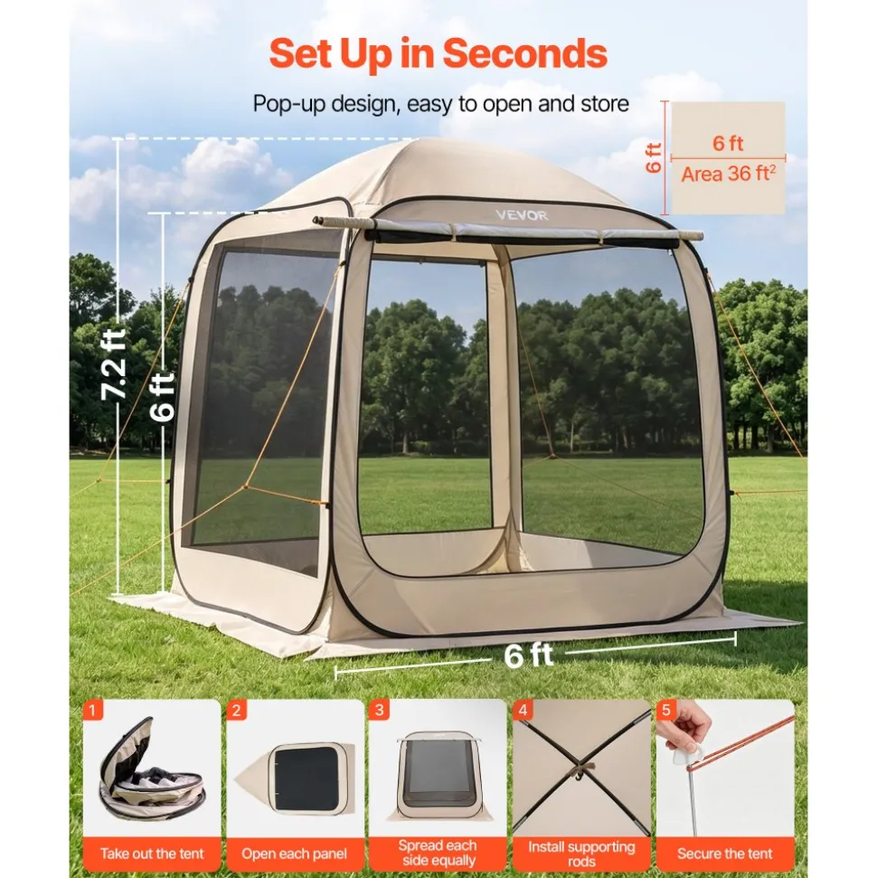 VEVOR Screen House Tent, 6 x 6 ft, 4-6 Person Pop Up Screen Tent with Extended Awning, Portable Screened in Canopy with Carry Bag, Netting Sides, for Patio, Backyard, and Outdoor Activities, Beige