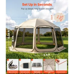VEVOR Screen House Tent, 12 x 11 ft, 10-12 Person Pop Up Screen Tent with Extended Awning, Portable Screened in Canopy with Carry Bag, Netting Sides, for Patio, Backyard, and Outdoor Activities, Beige