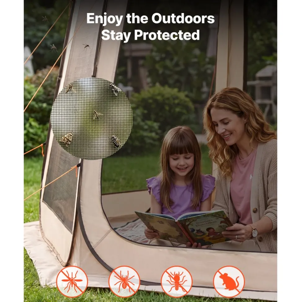 VEVOR Screen House Tent, 12 x 11 ft, 10-12 Person Pop Up Screen Tent with Extended Awning, Portable Screened in Canopy with Carry Bag, Netting Sides, for Patio, Backyard, and Outdoor Activities, Beige