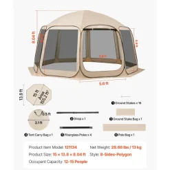 VEVOR Screen House Tent, 12 x 11 ft, 10-12 Person Pop Up Screen Tent with Extended Awning, Portable Screened in Canopy with Carry Bag, Netting Sides, for Patio, Backyard, and Outdoor Activities, Beige