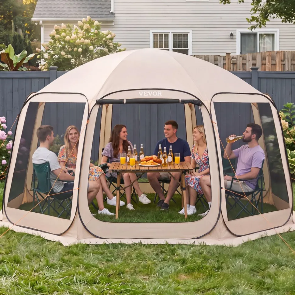 VEVOR Screen House Tent, 12 x 11 ft, 10-12 Person Pop Up Screen Tent with Extended Awning, Portable Screened in Canopy with Carry Bag, Netting Sides, for Patio, Backyard, and Outdoor Activities, Beige
