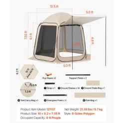 VEVOR Screen House Tent, 10 x 9.2 ft, 4-8 Person Pop Up Screen Tent with Extended Awning, Portable Screened in Canopy with Carry Bag, Netting Sides, for Patio, Backyard, and Outdoor Activities, Beige