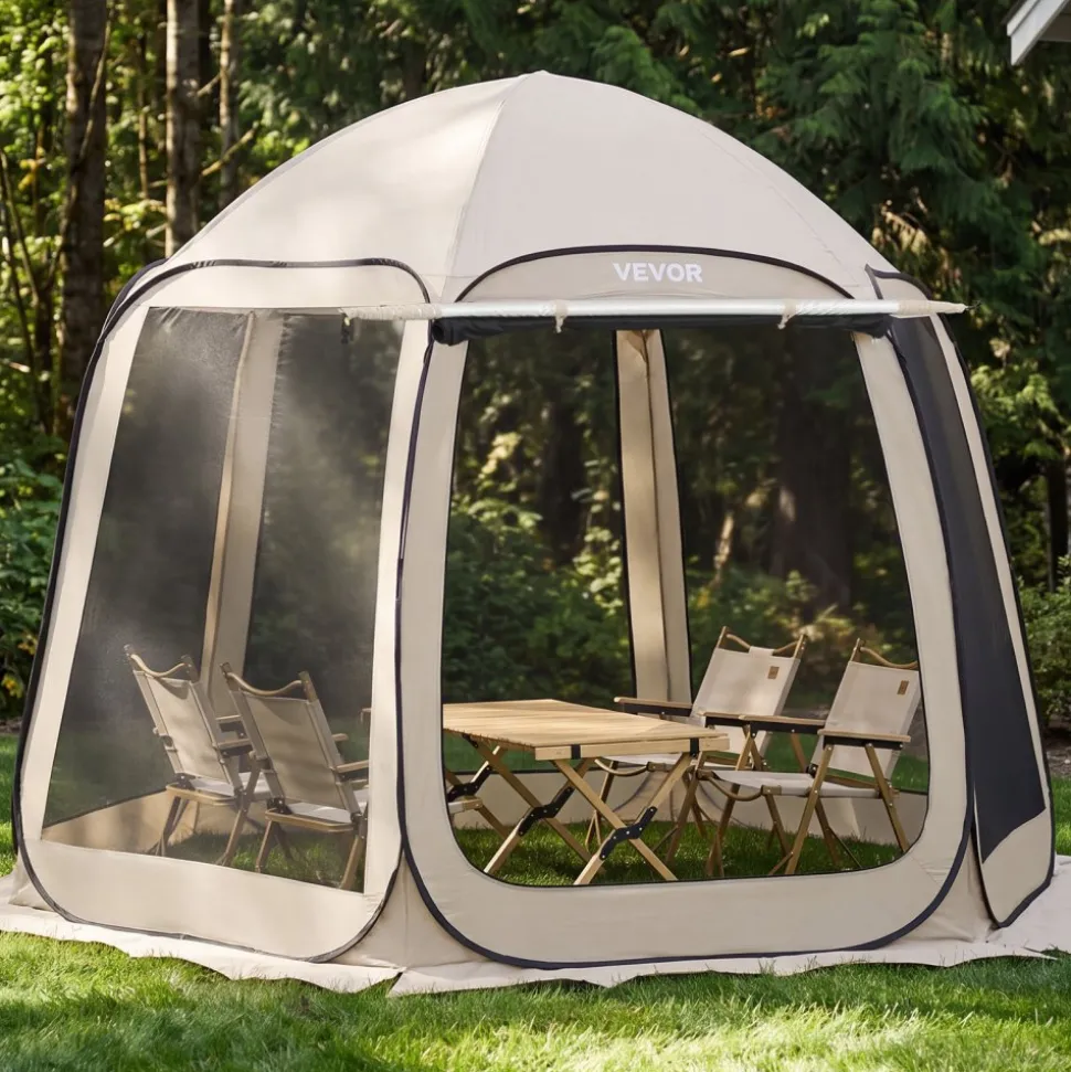 VEVOR Screen House Tent, 10 x 9.2 ft, 4-8 Person Pop Up Screen Tent with Extended Awning, Portable Screened in Canopy with Carry Bag, Netting Sides, for Patio, Backyard, and Outdoor Activities, Beige