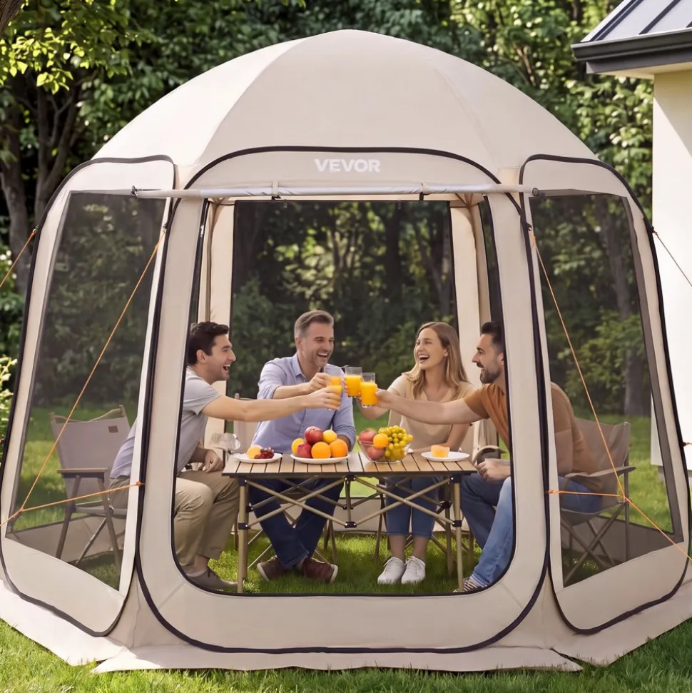 VEVOR Screen House Tent, 10 x 9.2 ft, 4-8 Person Pop Up Screen Tent with Extended Awning, Portable Screened in Canopy with Carry Bag, Netting Sides, for Patio, Backyard, and Outdoor Activities, Beige