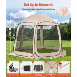 VEVOR Screen House Tent, 10 x 9.2 ft, 4-8 Person Pop Up Screen Tent with Extended Awning, Portable Screened in Canopy with Carry Bag, Netting Sides, for Patio, Backyard, and Outdoor Activities, Beige