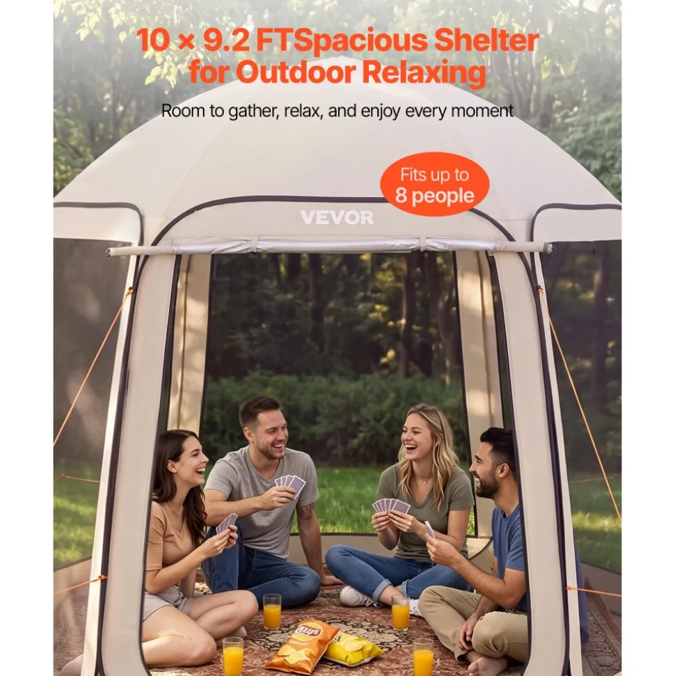 VEVOR Screen House Tent, 10 x 9.2 ft, 4-8 Person Pop Up Screen Tent with Extended Awning, Portable Screened in Canopy with Carry Bag, Netting Sides, for Patio, Backyard, and Outdoor Activities, Beige