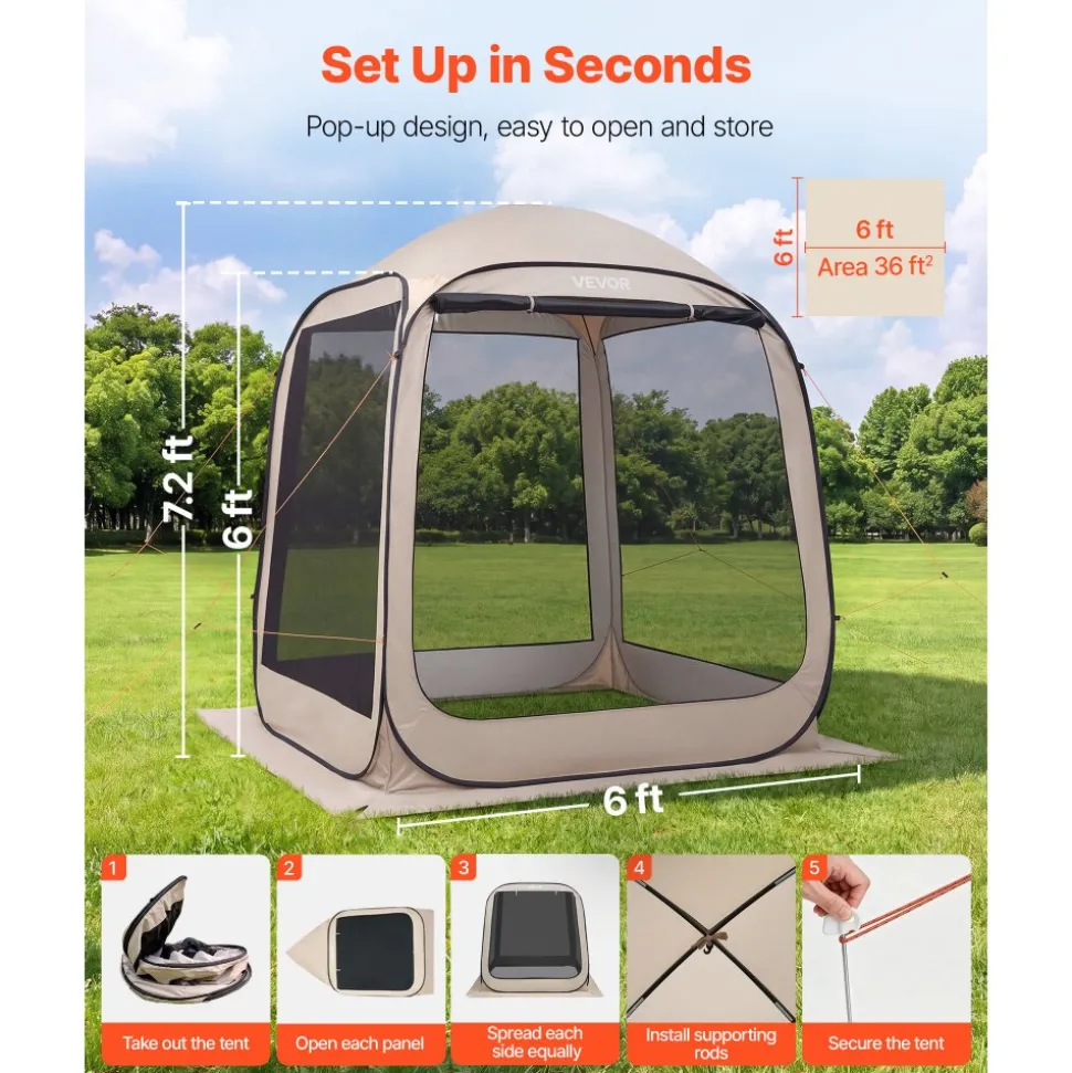 VEVOR Screen House Tent, 6 x 6 ft, 4-6 Person Pop Up Screen Tent, Portable Screened in Canopy with Carry Bag, Netting Sides, Ground Stakes, for Garden, Patio, Backyard, and Outdoor Activities, Beige