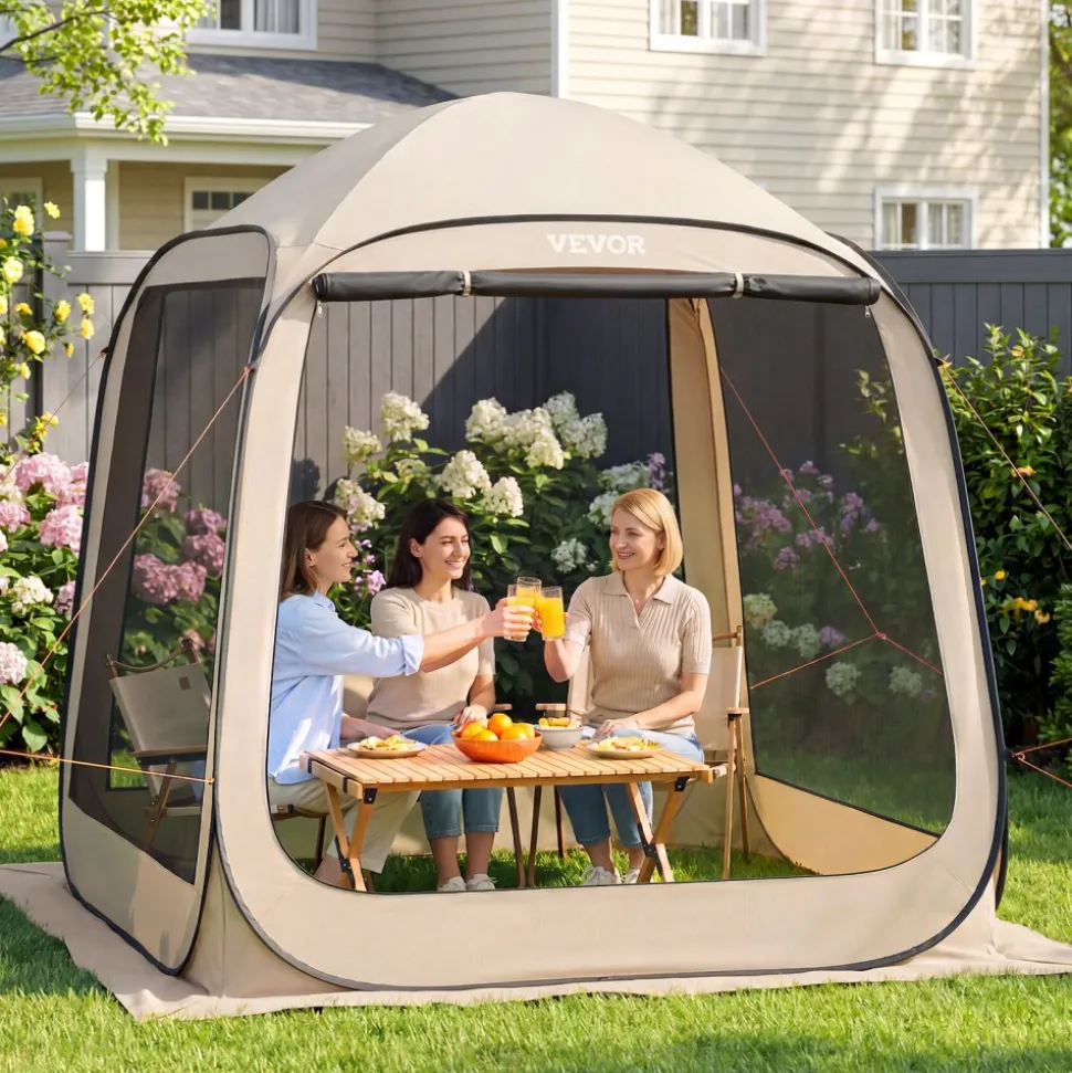 VEVOR Screen House Tent, 6 x 6 ft, 4-6 Person Pop Up Screen Tent, Portable Screened in Canopy with Carry Bag, Netting Sides, Ground Stakes, for Garden, Patio, Backyard, and Outdoor Activities, Beige