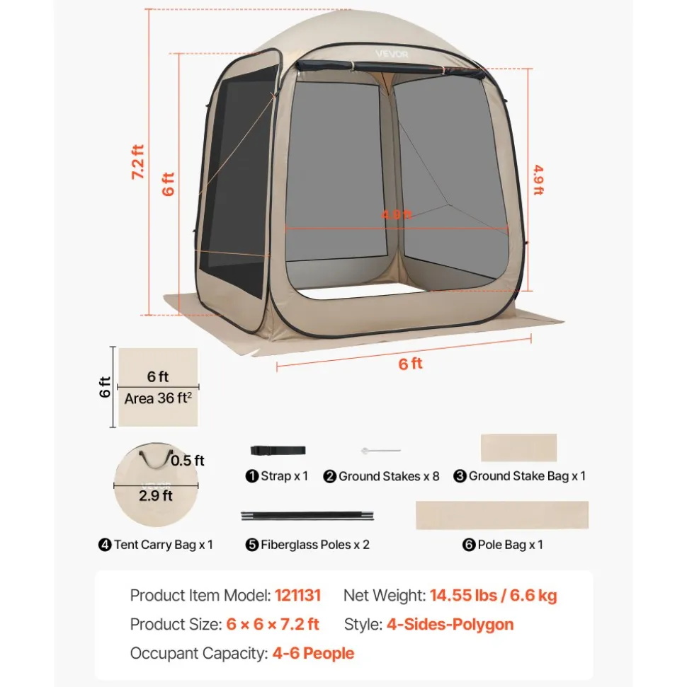 VEVOR Screen House Tent, 6 x 6 ft, 4-6 Person Pop Up Screen Tent, Portable Screened in Canopy with Carry Bag, Netting Sides, Ground Stakes, for Garden, Patio, Backyard, and Outdoor Activities, Beige