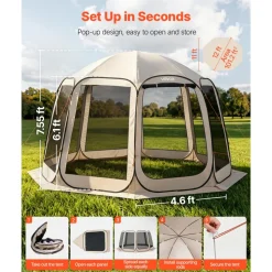 VEVOR Screen House Tent, 12 x 11 ft, 10-12 Person Pop Up Screen Tent, Portable Screened in Canopy with Carry Bag, Netting Sides, Ground Stakes, for Garden, Patio, Backyard, Outdoor Activities, Beige