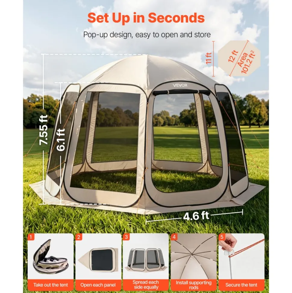 VEVOR Screen House Tent, 12 x 11 ft, 10-12 Person Pop Up Screen Tent, Portable Screened in Canopy with Carry Bag, Netting Sides, Ground Stakes, for Garden, Patio, Backyard, Outdoor Activities, Beige