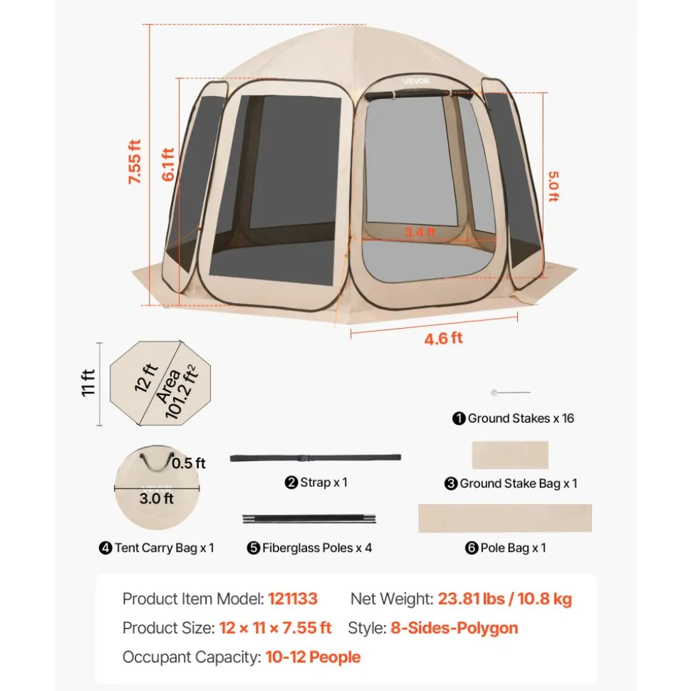 VEVOR Screen House Tent, 12 x 11 ft, 10-12 Person Pop Up Screen Tent, Portable Screened in Canopy with Carry Bag, Netting Sides, Ground Stakes, for Garden, Patio, Backyard, Outdoor Activities, Beige