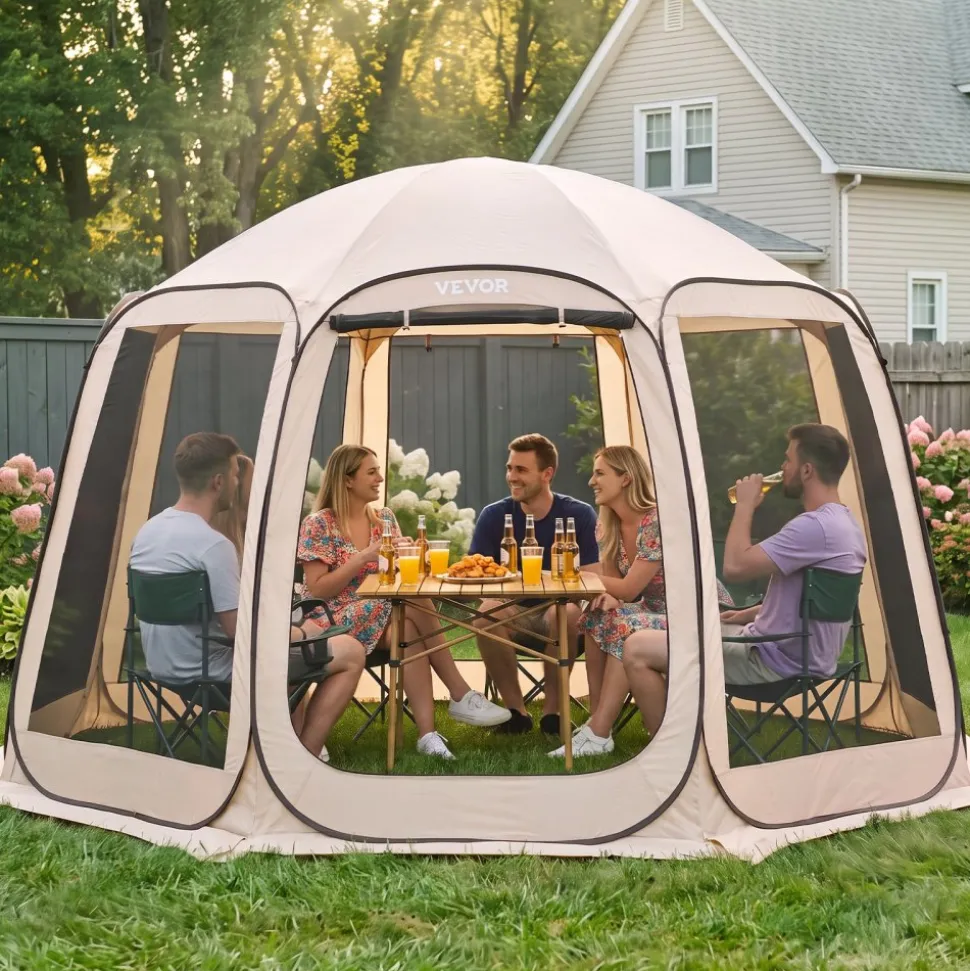VEVOR Screen House Tent, 12 x 11 ft, 10-12 Person Pop Up Screen Tent, Portable Screened in Canopy with Carry Bag, Netting Sides, Ground Stakes, for Garden, Patio, Backyard, Outdoor Activities, Beige