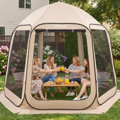 VEVOR Screen House Tent, 10 x 9.2 ft, 4-8 Person Pop Up Screen Tent, Portable Screened in Canopy with Carry Bag, Netting Sides, Ground Stakes, for Garden, Patio, Backyard, Outdoor Activities, Beige