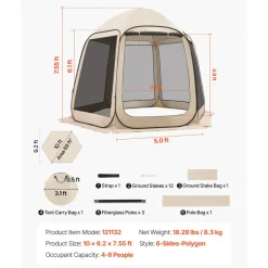 VEVOR Screen House Tent, 10 x 9.2 ft, 4-8 Person Pop Up Screen Tent, Portable Screened in Canopy with Carry Bag, Netting Sides, Ground Stakes, for Garden, Patio, Backyard, Outdoor Activities, Beige