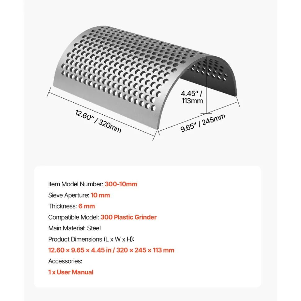VEVOR Screen Mesh for Plastic Shredder, High-Quality Steel Durable Mesh, 0.39 in/10 mm High-Precision Aperture Screen, Compatible with Model 300 Plastic Grinder, Suitable for Medium Particle Recycling