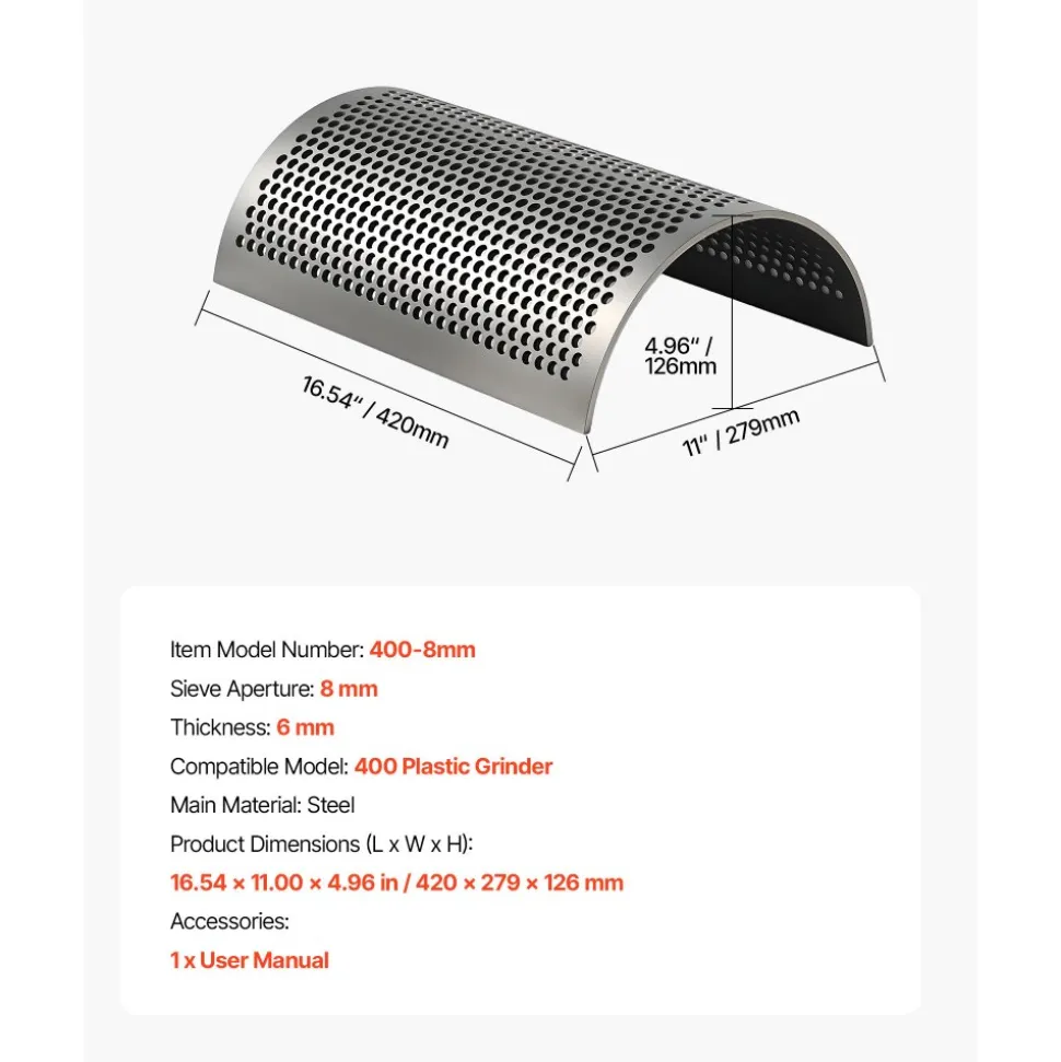 VEVOR Screen Mesh for Plastic Shredder, High-Quality Steel Durable Mesh, 0.315 in/8 mm High-Precision Aperture Screen, Compatible with Model 400 Plastic Grinder, Suitable for Small Particle Recycling