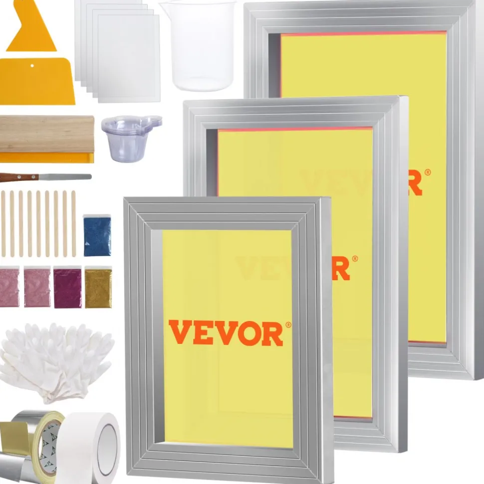 VEVOR Screen Printing Kit, 3 PCS Aluminum Silk Screen Printing Frames, 5 Glitters and Screen Printing Squeegees and Transparency Films, 6x10/8x12/10x14inch 110 Count Mesh, for DIY T-shirts Printing