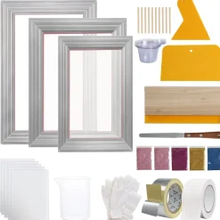 VEVOR Screen Printing Kit, 3 PCS Aluminum Silk Screen Printing Frames, 5 Glitters and Screen Printing Squeegees and Transparency Films, 6x10/8x12/10x14inch 110 Count Mesh, for DIY T-shirts Printing
