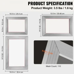 VEVOR Screen Printing Kit, 3 PCS Aluminum Silk Screen Printing Frames, 5 Glitters and Screen Printing Squeegees and Transparency Films, 6x10/8x12/10x14inch 110 Count Mesh, for DIY T-shirts Printing