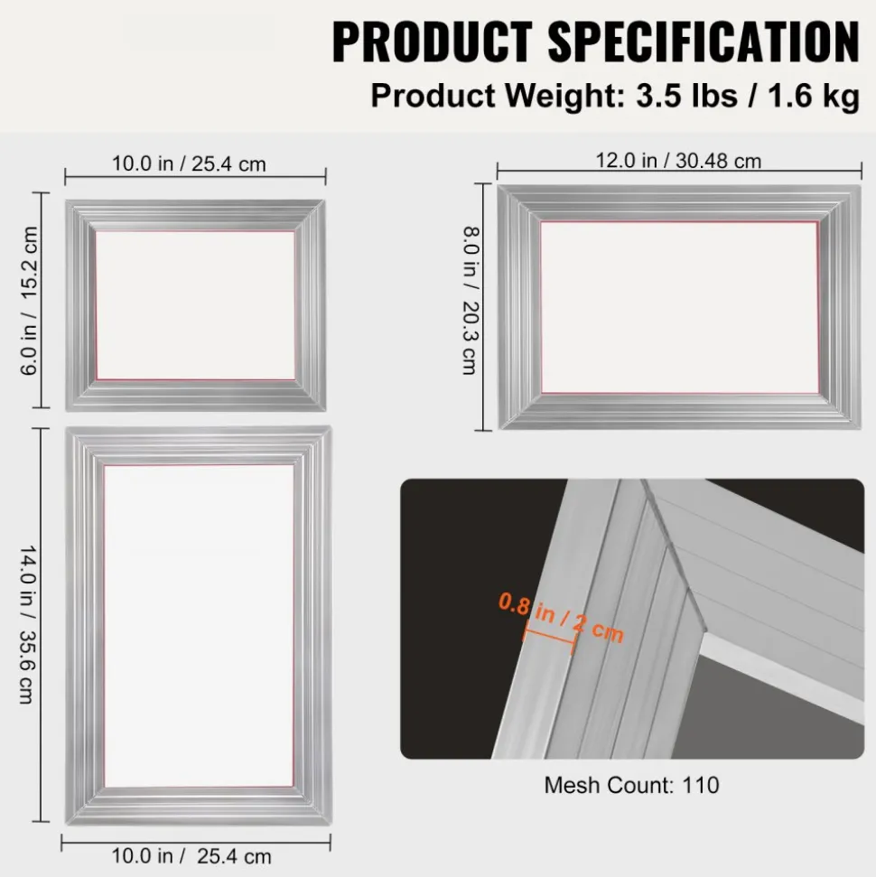 VEVOR Screen Printing Kit, 3 PCS Aluminum Silk Screen Printing Frames, 5 Glitters and Screen Printing Squeegees and Transparency Films, 6x10/8x12/10x14inch 110 Count Mesh, for DIY T-shirts Printing