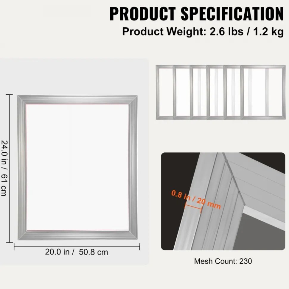 VEVOR Screen Printing Kit, 2 Pieces Aluminum Silk Screen Printing Frames, 20x24inch Silk Screen Printing Frame with 230 Count Mesh, High Tension Nylon Mesh and Sealing Tape for T-shirts DIY Printing