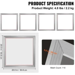 VEVOR Screen Printing Kit, 6 Pieces Aluminum Silk Screen Printing Frames, 20x24inch Silk Screen Printing Frame with 305 Count Mesh, High Tension Nylon Mesh and Sealing Tape for T-Shirts DIY Printing