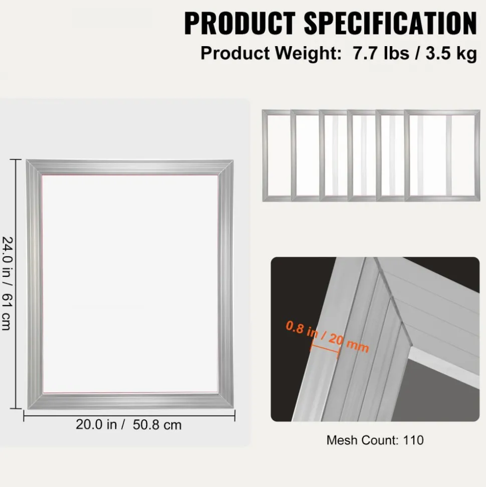 VEVOR Screen Printing Kit, 6 Pieces Aluminum Silk Screen Printing Frames, 20x24inch Silk Screen Printing Frame with 110 Count Mesh, High Tension Nylon Mesh and Sealing Tape for T-shirts DIY Printing