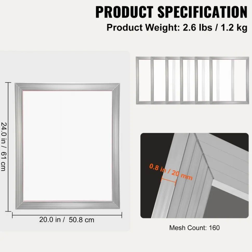 VEVOR Screen Printing Kit, 2 Pieces Aluminum Silk Screen Printing Frames, 20x24inch Silk Screen Printing Frame with 160 Count Mesh, High Tension Nylon Mesh and Sealing Tape for T-shirts DIY Printing