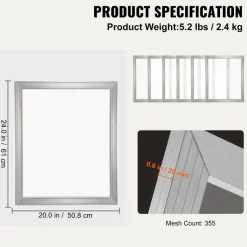 VEVOR Screen Printing Kit, 4 Pieces Aluminum Silk Screen Printing Frames, 20x24inch Silk Screen Printing Frame with 355 Count Mesh, High Tension Nylon Mesh and Sealing Tape for T-shirts DIY Printing