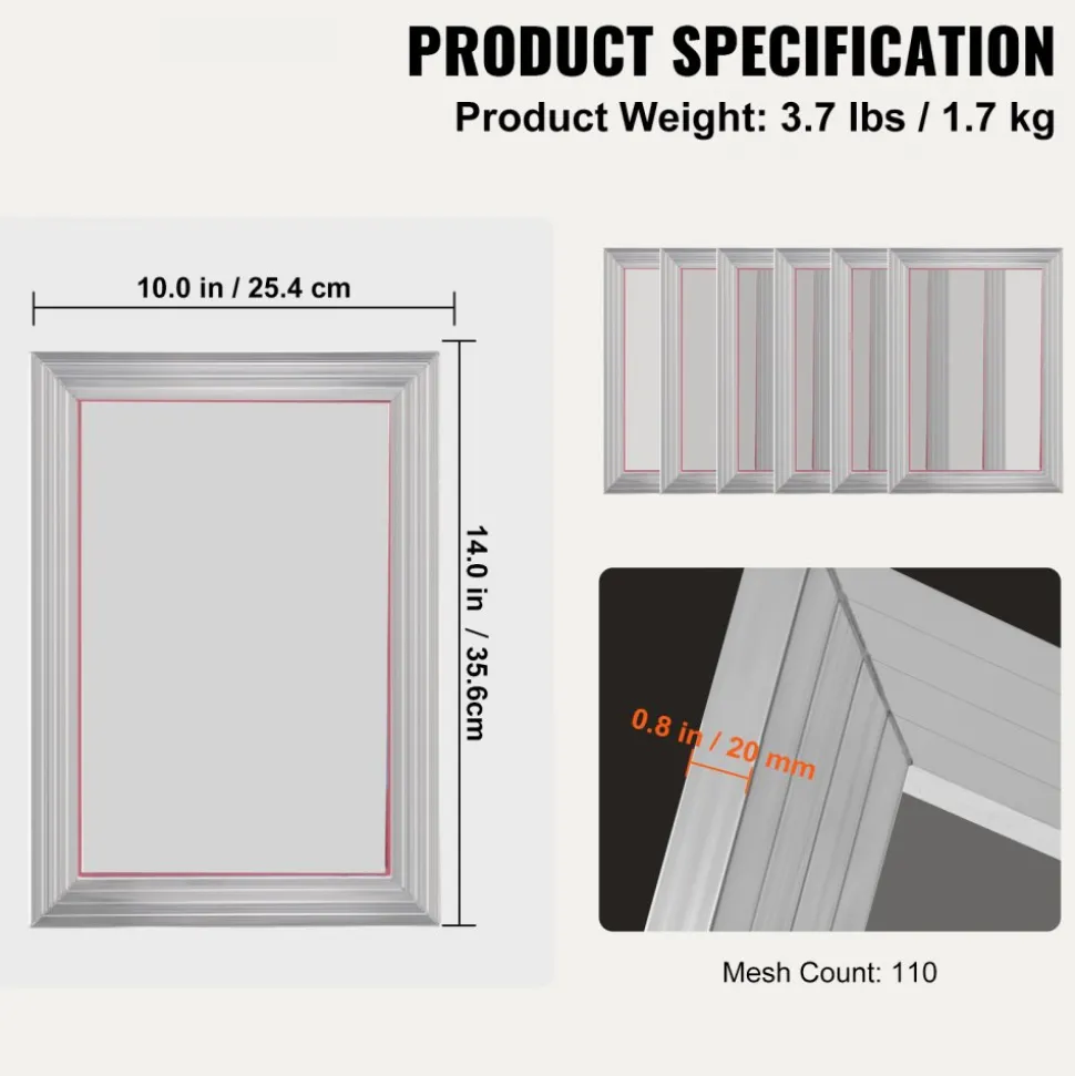 VEVOR Screen Printing Kit, 6 Pieces Aluminum Silk Screen Printing Frames, 10x14inch Silk Screen Printing Frame with 110 Count Mesh, High Tension Nylon Mesh and Sealing Tape for T-shirts DIY Printing