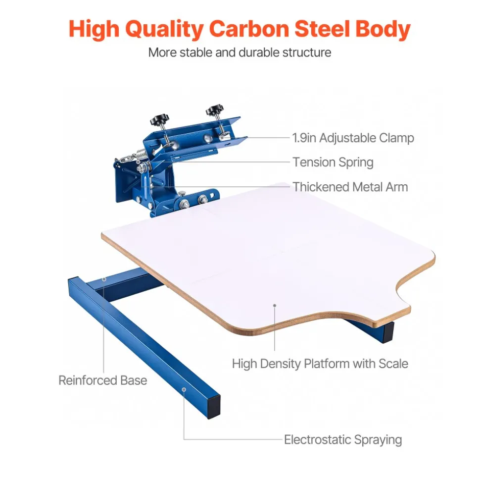 VEVOR Screen Printing Machine 1 Color 1 Station Silk Screen Printing Press, 21.3 x 17.7 in Platen, Adjustable Tension, Powder-Coated Carbon Steel, for T-shirt Clothing DIY, Home and Commercial Use