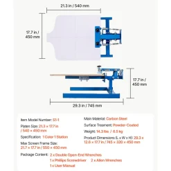VEVOR Screen Printing Machine 1 Color 1 Station Silk Screen Printing Press, 21.3 x 17.7 in Platen, Adjustable Tension, Powder-Coated Carbon Steel, for T-shirt Clothing DIY, Home and Commercial Use