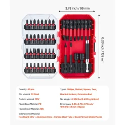 VEVOR Screwdriver Bit Set, 45-Piece, Magnetic Phillips, Slotted, Square, Torx Bit, Hex Nut Sockets, Extension Rod with Transparent Storage Case, High-Strength S2 Alloy Steel, Blackened Finish